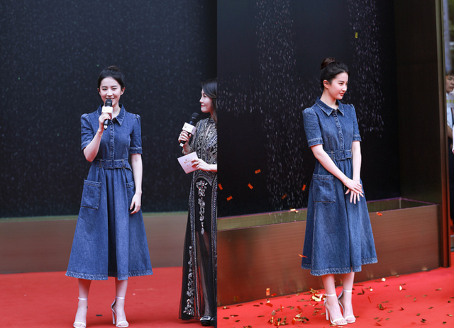 刘亦菲穿牛仔裙嫩成学生妹，说是未成年也能信 明星搭配 第4张